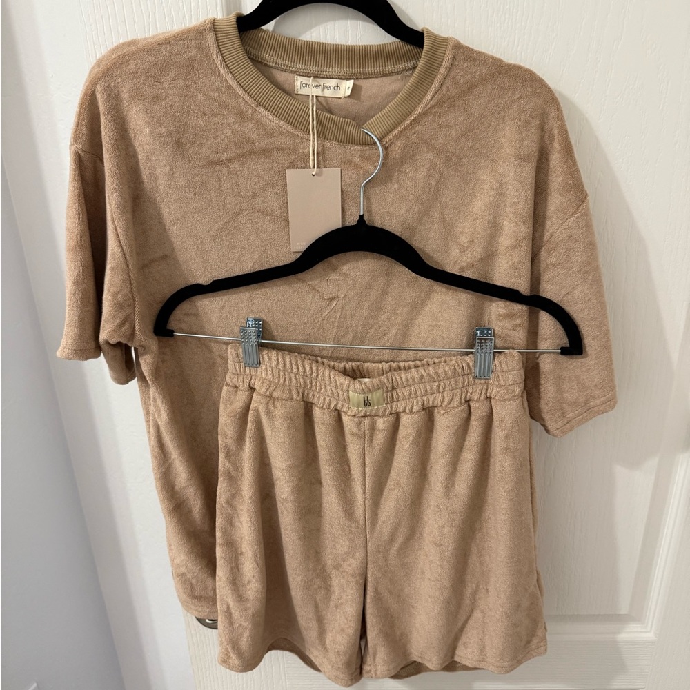 NWT Forever French Women’s Terry Short Set Tan, Sz S
